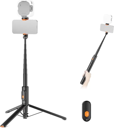 147cm Selfie Stick Treppiede Compatibile con iPhone Samsung Android, Supporto Smartphone da Viaggio Portatile e Leggero in Metallo con Portatelefono e Telecomando per Riprese Video, PA992 Nero