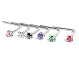 Nose Rings 6 Pack Set of L-Shaped 20g Cubic Zirconia 2mm Surgical Grade 316L Steel Rings