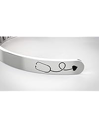 Nurse Bracelet - RN Gifts - Stainless Steel Bangle for Women   Silver Cuff with Stethoscope - Inspirational Mantra Daily Reminder   Christmas Birthday or Graduation Gift