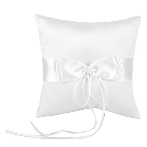 AUNMAS Ring Pillow, 15 * 15cm White Satin Bowknot Bearer Cushion Wedding Ring Box with Simulation Pearl