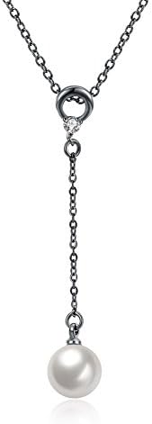 Y Shaped Necklaces with Black Gun Plated and Pearl, Dainty Y Necklace
