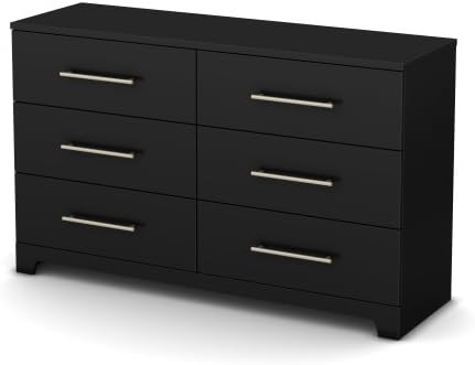 Modern 6-Drawer Double Dresser in Pure Black with Metal Handles, Metal Drawer Slides, Bedroom Furniture, Made from Laminated Particle Board, Chest, Bundle with Expert Guide for Better Life