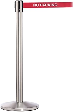 ComeAlong Crowd Control Stanchion Matte Stainless Pole with 11' Heavy Duty Red/White Belt, "No Parking" Message (Pack of 2 Poles)