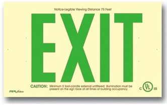 Photoluminescent Exit Sign 50' Viewing Distance Feet Green - No Electricity - Code Compliant - UL Listed - Arrows - Surface Mount - Made in USA