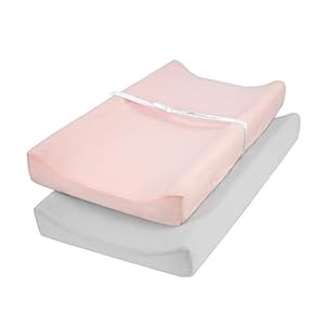 TILLYOU Changing Pad Cover Set, Jersey Knit Ultra Soft Unisex Diaper Change Table Sheets for Baby Boys Girls, Fit 32″/34”x16″ Contoured Pad, Comfy Cozy 2-Pack Cradle Sheets, Peachy Pink & Lt Gray