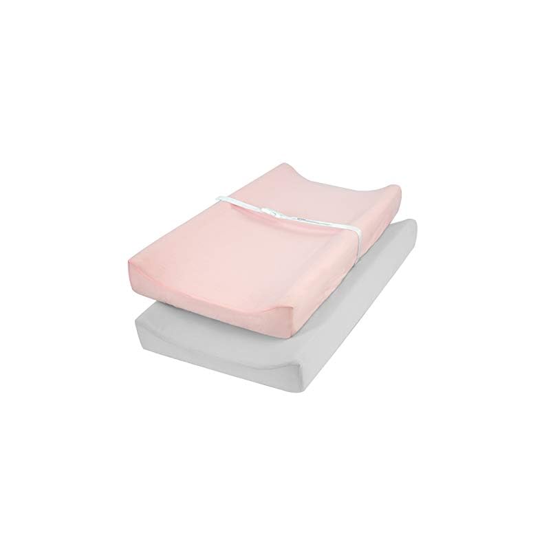 TILLYOU Changing Pad Cover Set, Jersey Knit Ultra Soft Unisex Diaper Change Table Sheets for Baby Boys Girls, Fit 32″/34”x16″ Contoured Pad, Comfy Cozy 2-Pack Cradle Sheets, Peachy Pink & Lt Gray
