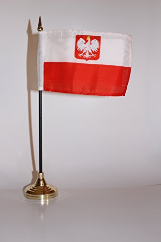 Old Poland Polish Polska with Eagle 4"x6" Miniature Flag Desk Set with Gold Base…