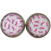 Summerfield Collection Stainless Steel Pink Ribbon Breast Cancer Awareness Printed Glass Stud Earrings 12mm White