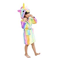 LUCKAPPY Girls Hooded Unicorn Bathrobes, Comfortable Soft Flannel Pajamas Sleepwear Loungewear for Kids, Toddlers (Rainbow Unicorn, 100 (2T) for Height 35