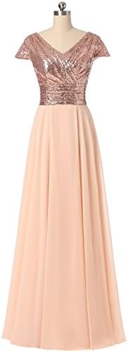 Veilace Women's Cap Sleeves V Neck Sequin Chiffon Rose Gold Bridesmaid Dress Long Wedding Party Gowns