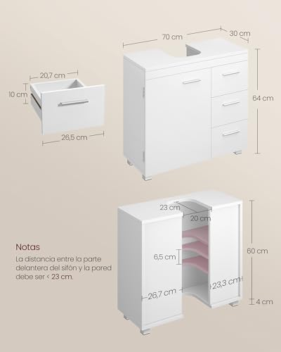 Mueble Bajo Lavabo, Armario de Baño, 3 Cajones, 2 Compartimentos Detrás de la Puerta, Apto para Lavabos con Pedestal, con Pies, 30 x 70 x 64 cm, Blanco Nube BBK504W01