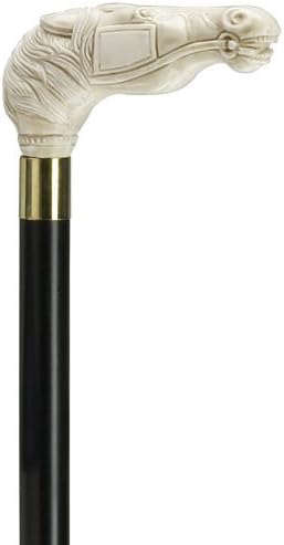 Walking Cane - Men's antique ivory horse head with bridal, constructed of high impact durable plastic with brass collar on black wood shaft, 36 long with rubber tip. by King Of Canes