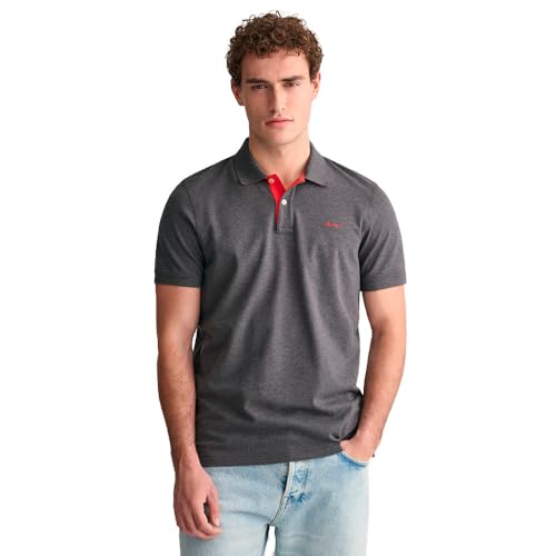 GANT Polo da Uomo Reg Contrast Pique SS Rugger, Grigio Antracite Melange, Standard, Antracite Melange., XS