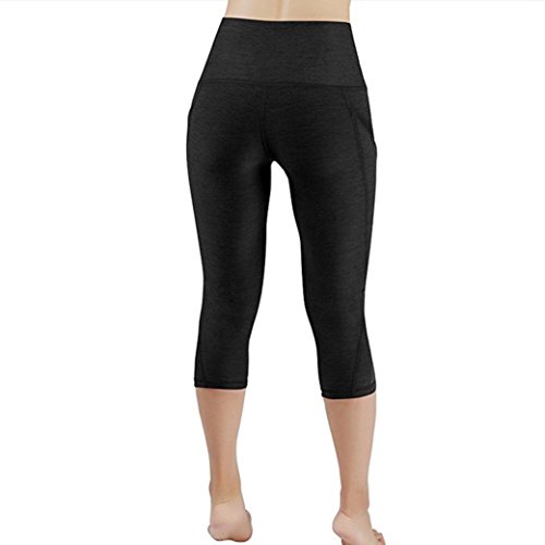 Fanteecy Yoga Pants for Women High Waist Out Pocket Power Flex Yoga Leggings Tummy Control Athletic Capris (M, Black)