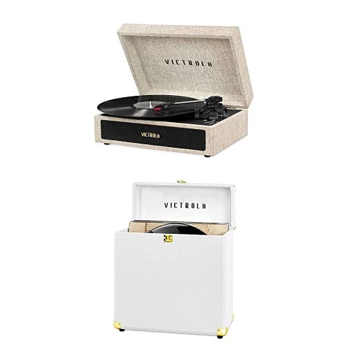 Victrola Parker Bluetooth Suitcase Record Player with 3-Speed Turntable, Light Beige (VSC-580BT-LBB) & Victrola Vintage Vinyl Record Storage and Carrying Case Image