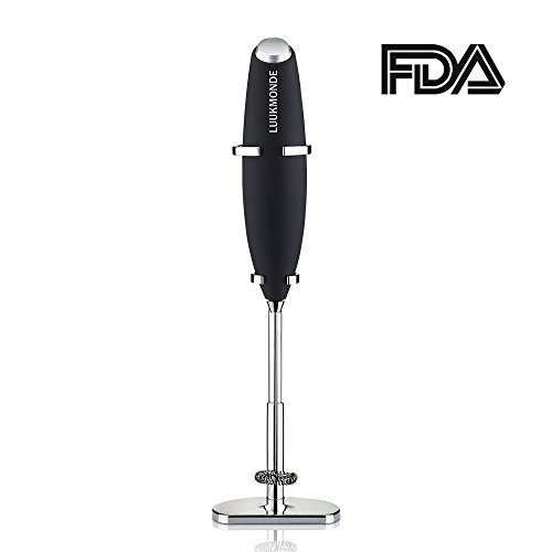 Click Here to See More Images Milk Frother Electric Handheld Small Whisk Battery Operated Black with Stand Automatic Foam Maker Mini Drink Mixer By LUUKMONDE