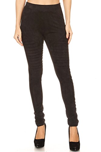 ICONOFLASH Women's Faux Vegan Suede Skinny Moto Pants (Black, Small)