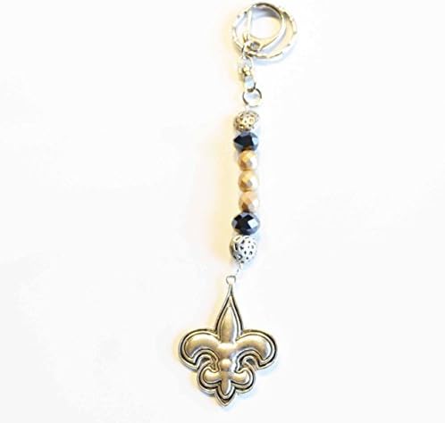 Women's Beaded Keychain BLACK &amp; GOLD with FLEUR DE LIS Charm