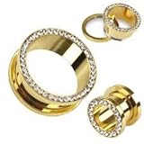 24k Gold Anodized Over Surgical Steel Screw-on Plugs/gauges W Clear Diamond Cz Stones 2 Piece (0G (8MM))
