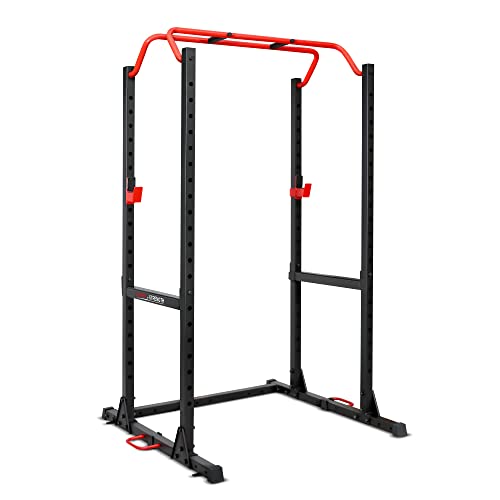 Sunny Health & Fitness Power Cage and Squat Rack In High Weight Capacity with J-Hooks, Adjustable Pull Up Bar, Weight Plate Holders, Resistance Band Posts