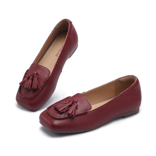 CAUTTILAM Women's Square Toe Leather Loafers Slip-On Dress Flats Red at Amazon