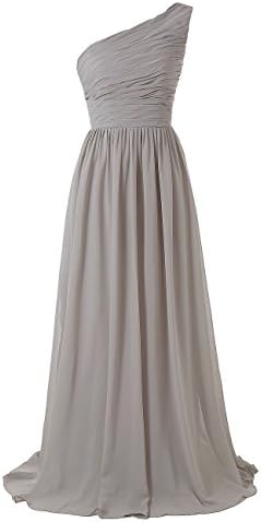 Women's Long Bridesmaid Dresses One Shoulder Chiffon Evening Gowns (XL, Grey)