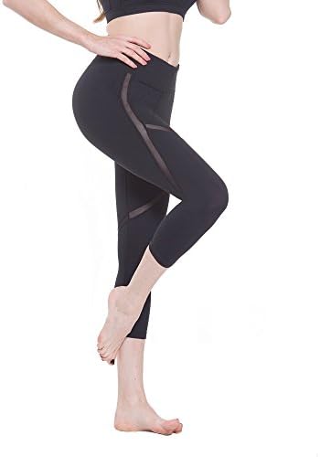 Black Leggings for Women Power Flex Sport Capri Tights Yoga Pants Workout with Mesh