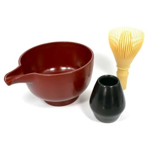Resin Tea Set of Japanese Tea Whisk (White Bamboo Color) and Lipped Red Tea Bowl for Matcha, Made in Japan