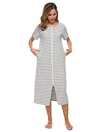 Vslarh - Camisón largo para mujer, con cremallera, a rayas, con bolsillos, largo completo, tallas S-XXL