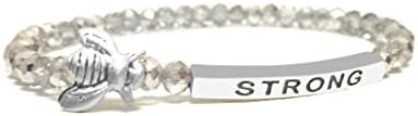 Inspirational Quote Bee Strong Charm Stacking Elastic Bead Bracelet (Silver)