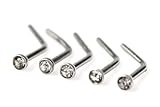 Lot of 5 20 Guage Stainless Steel Silver Tone 2mm Clear Crystal Nose Stud Ring Bar Curved L Shape