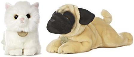 Aurora World Miyoni Pug Dog 11" and Angora Kitten Plush 7.5" Set of 2 Unusual Friends