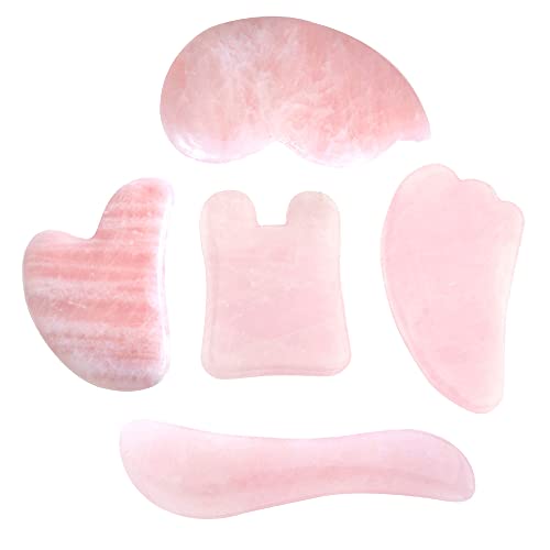 Jovivi Gua Sha Scraping Massage Tools, 5 Pcs Rose Quartz Multi-Shape Guasha Board for Face & Body, Natural Crystal Stone Gua Sha Facial Tool, Face Massager for Traditional Acupuncture Therapy