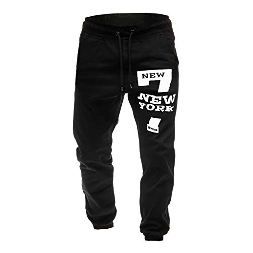 ZEFOTIM Pants for Men Sweatpants Slacks Casual Elastic Joggings Sport Print Baggy Pockets Trousers(Black,Large)