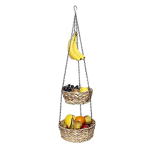 3 Tier Hanging Fruit Basket, Banana Hanger and Liners. Natural Woven