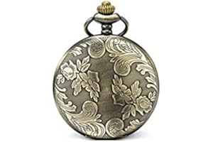 SEWOR Bronze Flowers Vintage Quartz Pocket Watch Shell Dial with Two Type Chain(Leather+Metal) (Bronze case)