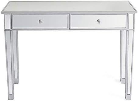 aAugust Tennyson Mirrored Writing Desk Vanity Dressing Table Desk for Women with 2 Drawers Silver Glass Finish Makeup Table Media Console Table