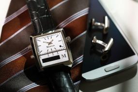 Martian Passport Smart Watch white face, stainless steel casing with leather band