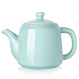 DOWAN Ceramic Teapot, 30 Ounces Tea Pot with Filter Hole and Double Slots, Blooming and Loose Leaf Teapot, Turquoise