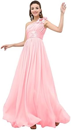 Angelia Bridal Flower One Shoulder Empire Waist Floor Length Bridesmaids Dress (4, Candy Pink)