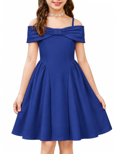 HOZIY Girls Holiday Dresses Tween Homecoming Teens Off the Shoulder Bow Party Elegant Dress Size 10 Navy Blue Formal Fit and Flare Swing Vestidos para Niñas Dress at Amazon