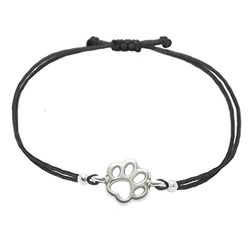 Selfmade Jewelry Armband Damen Silber Pfote Handgemachtes Makramee-Armkettchen mit Tatze Größenverstellbar Inkl. Geschenkverpackung (Silber - Schwarz)