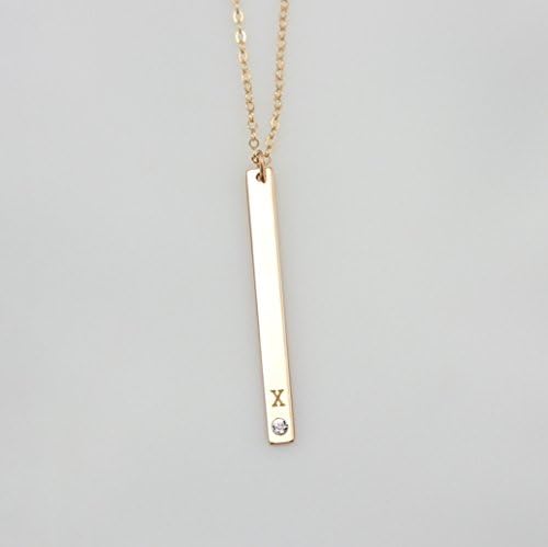 Personalized Vertical Bar Necklace, Initial Long Skinny Bar Jewelry Silver, Delicate Gold Thin Letter Necklace, Rose Gold CZ Diamond Necklace
