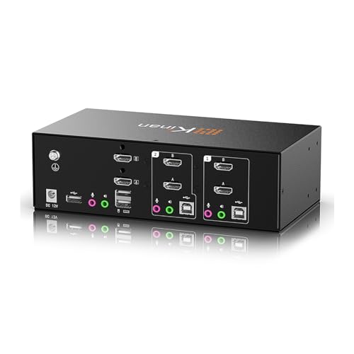 KVM Switch 2 Monitors 2 Computers, HDMI KVM Switches Dual Monitor 4K 60Hz, USB 2.0, Audio Out, Mic, EDID Emulation, Support Button Hotkey Mouse Switching, HDMI 2 Port Extended Display, Cables Included