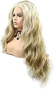 RainaHair 26inches Long Water Wave Lace Front Wig Natural Blonde Highlight Color with Light Brown Synthetic Wigs for Women Cosplay Party Middle Parting Hair