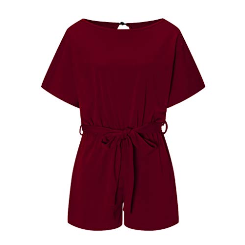 Sunyastor Womens Short Sleeve One Piece Jumpsuit Cocktail Romper Pant Suit Clubwear Straight Leg Jumpsuit with Belt (B Wine, X-Large) - Thumbnail 3