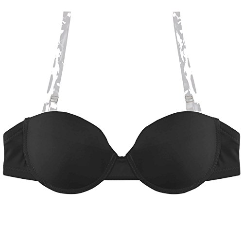 Ted Noah Transparent Clear Invisible Removable Shoulder Straps & Back Strap Plunge Bra (Black, 32B)