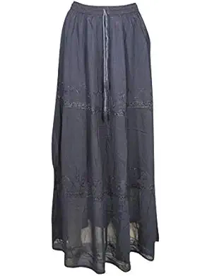 Womens Black Maxi Skirt Embroidered Vintage 70's A-line Skirt,Medium