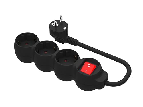 - Base Múltiple, Regleta de Enchufe Plano, 3 Tomas de 16A, Ladrón de Enchufes con Toma de Tierra e Interruptor ON/Off, Cable de 1,5 Metros, Color Negro