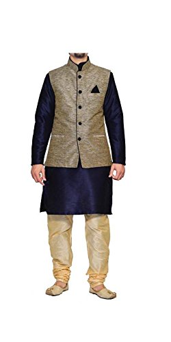inyour men's silk black waiscoat,dark blue kurta,gold pajama set_inyour-tr3167wcp